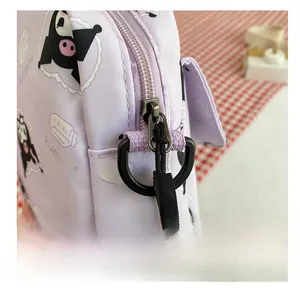 Detail view of smooth black metal zipper and durable nylon fabric on purple Kuromi bag