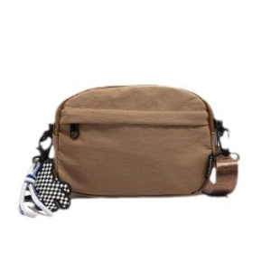 Khaki nylon crossbody bag for women with wide strap and checkered glove charm accessory