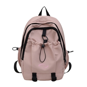 Minimalist light pink nylon school backpack with POLUCONI logo and black zipper accents