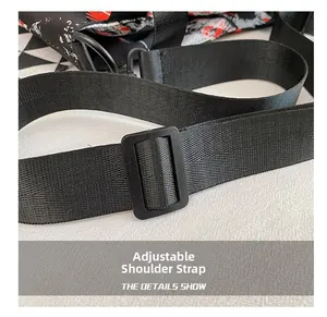 Close-up of the adjustable nylon shoulder strap with a buckle on an oxford tote bag