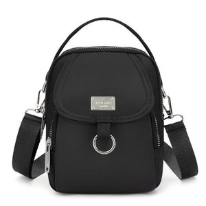 Vertical black nylon crossbody mobile phone bag with adjustable strap for women