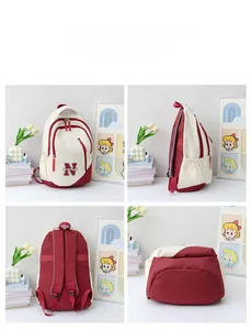 Detailed views of high-capacity canvas backpack with contrast colors and N patch