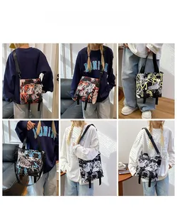 Detailed collage showing various graffiti Oxford cloth messenger bags with adjustable straps
