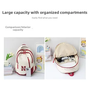 Detail view of cream and burgundy backpack featuring large capacity interior compartments