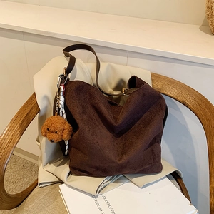 Brown faux suede tote bag with leopard vibe and cute brown poodle plush charm