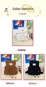 Corduroy backpacks in white, brown, and black featuring cute heart and bear patterns