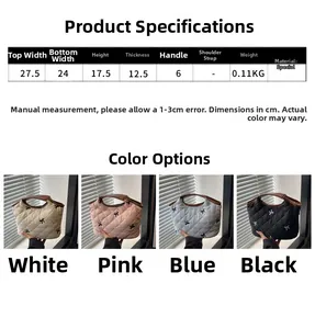 Size chart showing dimensions for a stylish quilted handbag with ribbon bow detail