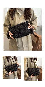 Detail of elegant black lace evening bag featuring three-dimensional rose flower texture
