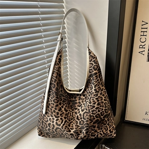 Grand sac cabas élégant à imprimé léopard avec bandoulière réglable en cuir blanc