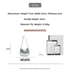Detailed size chart for silver PU shoulder bag showing dimensions and capacity