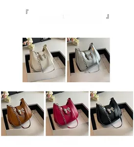 Collection of chic crescent underarm bags in five colors with silver chain straps