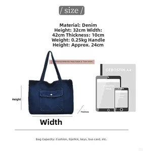 Detailed size guide and denim tote bag dimensions comparing with A4 paper and iPad