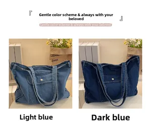 Detailed comparison of light and dark blue denim tote bags with front pockets