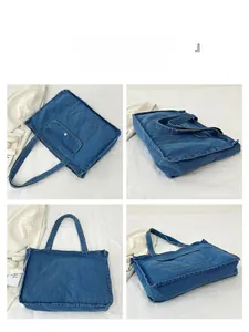 Detail view showing four angles of a large capacity blue denim tote bag with front pocket