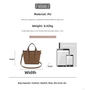Size chart for brown PU leather bucket bag with dimensions and capacity details