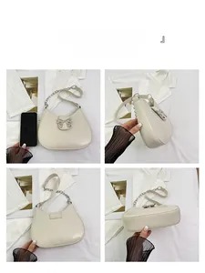 Detailed four-angle view of a beige bow shoulder bag with glossy finish and chain strap