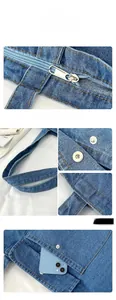 Detail of denim tote bag showing metal zipper closure and functional outer pocket