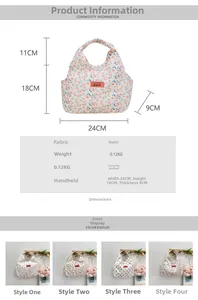 Detail view of lightweight floral nylon handbag showing 24cm size and orange brand label