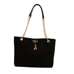 Sac fourre-tout vintage en daim noir avec pendentif cerf doré et bandoulière chaîne chic