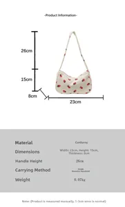 Detailed size chart of the corduroy strawberry bag with dimensions 23x15x8cm