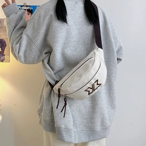 White casual sling bag with adjustable brown strap and embroidered logo for daily use