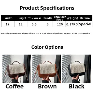 Detailed size specifications and three-color options for the mini faux fur handbag