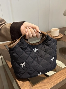 Women Quilted Handbag With Bowknot Embroidery Korean Style Large Capacity Solid Color Handheld Tote Bag For Daily Matching