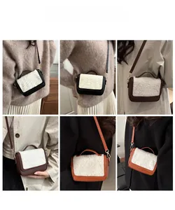 Model display of stylish plush flap small square bags in black, brown, and orange colors