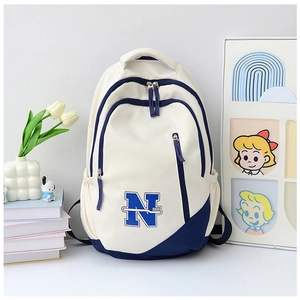 Detail view of large campus backpack with blue N print and multiple functional pockets