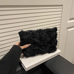 Elegant black lace rose clutch bag with 3D floral texture for evening parties