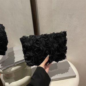 Elegant black evening clutch bag with 3D floral lace roses for formal party occasions
