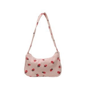 Pink corduroy crescent shoulder bag with red strawberry print for women in a minimal style