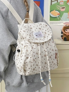 Corduroy mini backpack with cute bear print and ribbon bow for casual daily commute