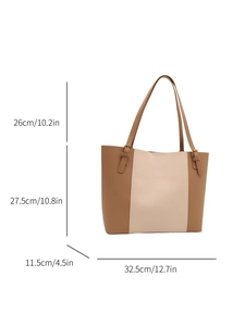 Detailed size chart showing dimensions of the large tote bag with strap measurements