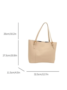 Detailed size chart for the beige tote bag showing dimensions and strap height in cm and inches