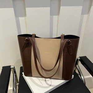 Large Capacity PU Leather Tote Bag For Women Patchwork Shoulder Handbag Simple Casual Office Travel Bag With Adjustable Straps