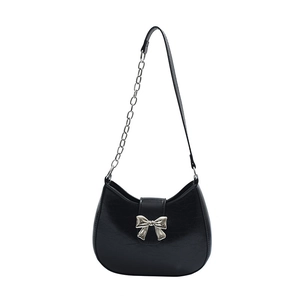 Chic black half-moon shoulder bag with silver metal bow and chain leather strap
