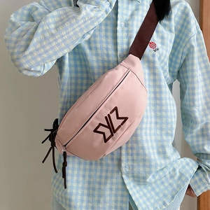 Pink high-density nylon chest bag with brown YZ embroidery and adjustable strap