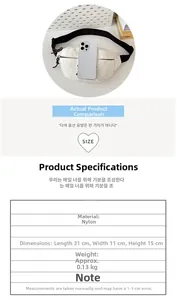 White nylon fanny pack size detail showing 31x11x15cm dimensions next to a phone