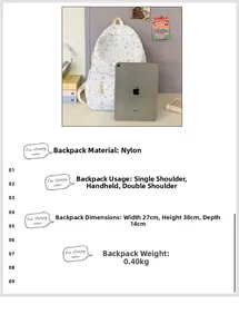 Detailed size specifications for the floral nylon backpack including 27x38x14cm dimensions