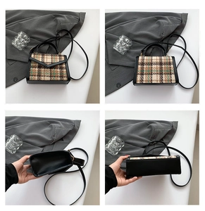 Détails du sac à main rétro à carreaux montrant l'intérieur et la bandoulière en cuir