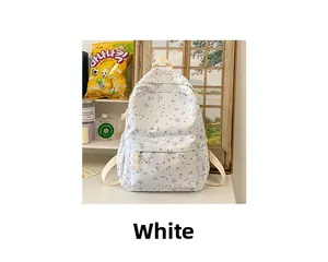 Close-up of white backpack with light blue star patterns and front zipper pocket