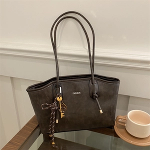 Large capacity vintage dark brown tote bag with fashion lettering and decorative charm