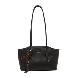 Black matte leather tote bag with silver Fashion logo and decorative tennis racket charm