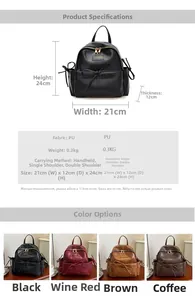 Guide des tailles du sac à dos en similicuir avec nœud et options de couleurs