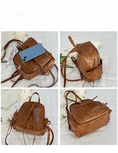 Vues détaillées d'un sac à dos rétro marron en similicuir avec texture litchi et poches