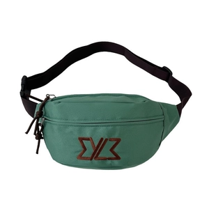 Teal green crossbody fanny pack with embroidered logo and adjustable black strap