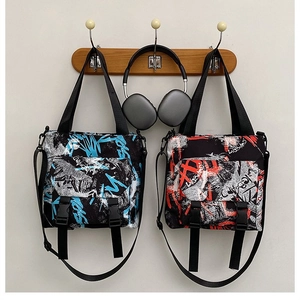 Large Capacity Nylon Graffiti Tote Bag Trendy Contrast Color Messenger Bag Street Fashion Shoulder Bag For Women Men Student School Bag