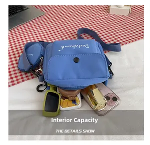 Detail view of blue canvas crossbody bag interior capacity for phone and sunglasses