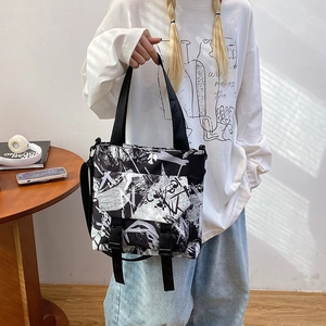 Large capacity oxford cloth handbag with black and white graffiti print and buckles